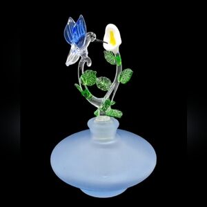 Vintage Frosted Blue Art Glass Perfume Bottle with Hummingbird